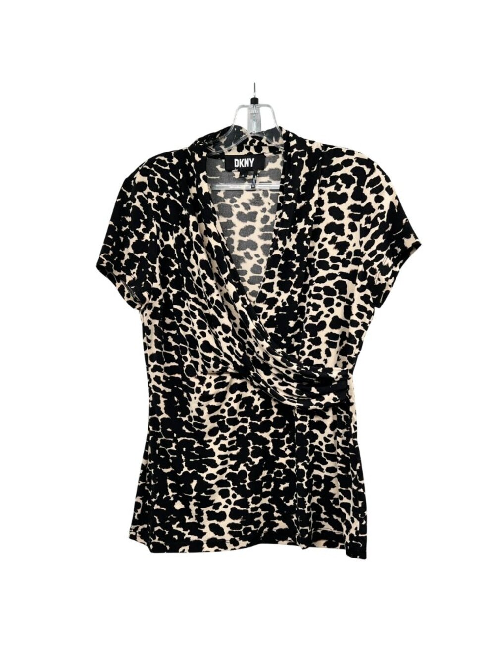 DKNY Womens Cheetah Print Surplice Top Short Sleeve Black/Cream Size Medium